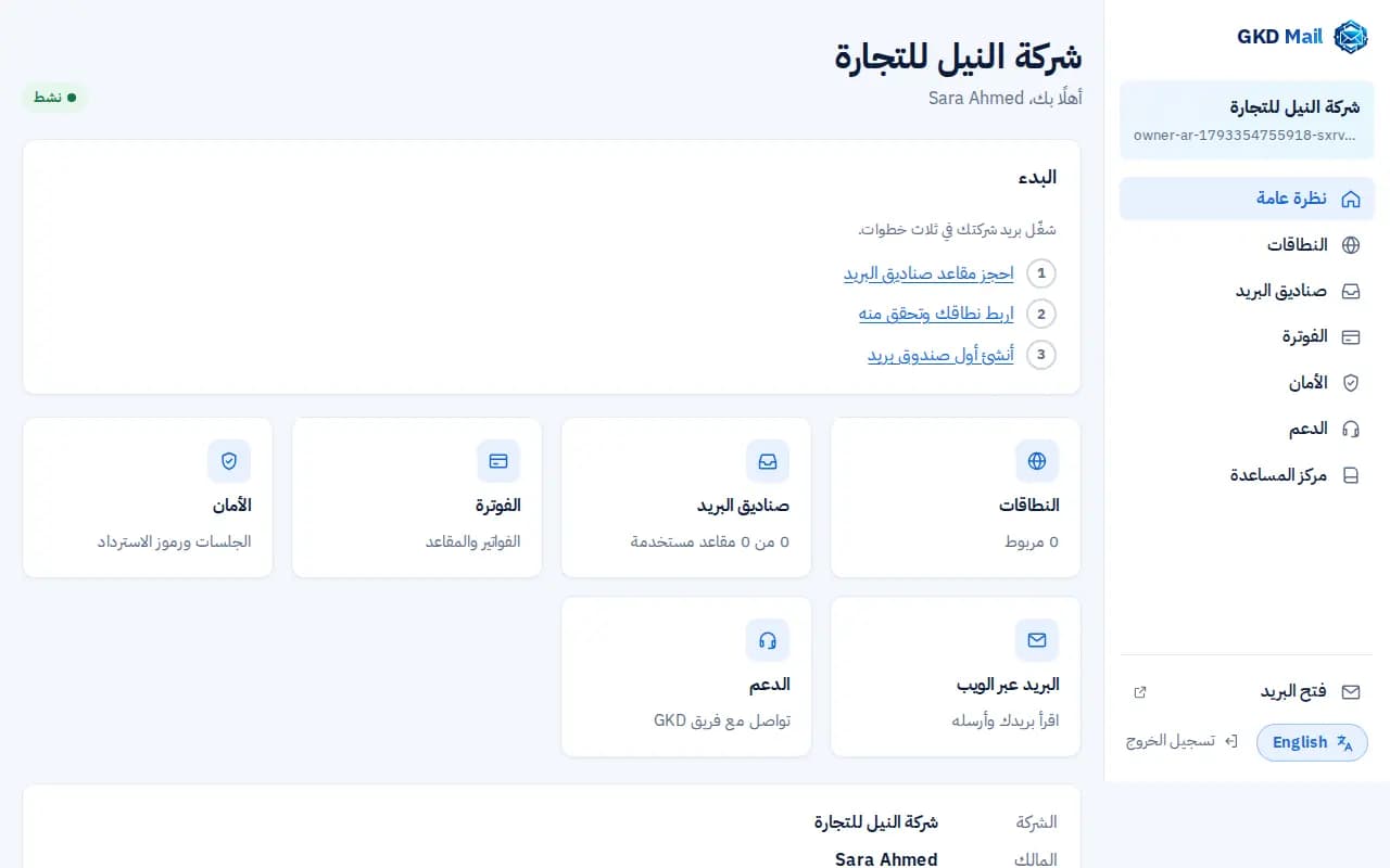 نظرة عامة على لوحة تحكم GKD Mail: خطوات البدء وبطاقات النطاقات وصناديق البريد والفوترة والأمان والبريد عبر الويب والدعم.