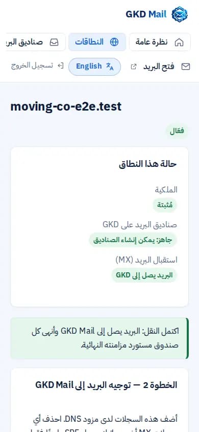 صفحة النطاق: حالة الملكية والصناديق واستقبال البريد، ثم سجلات DNS مع أزرار النسخ.