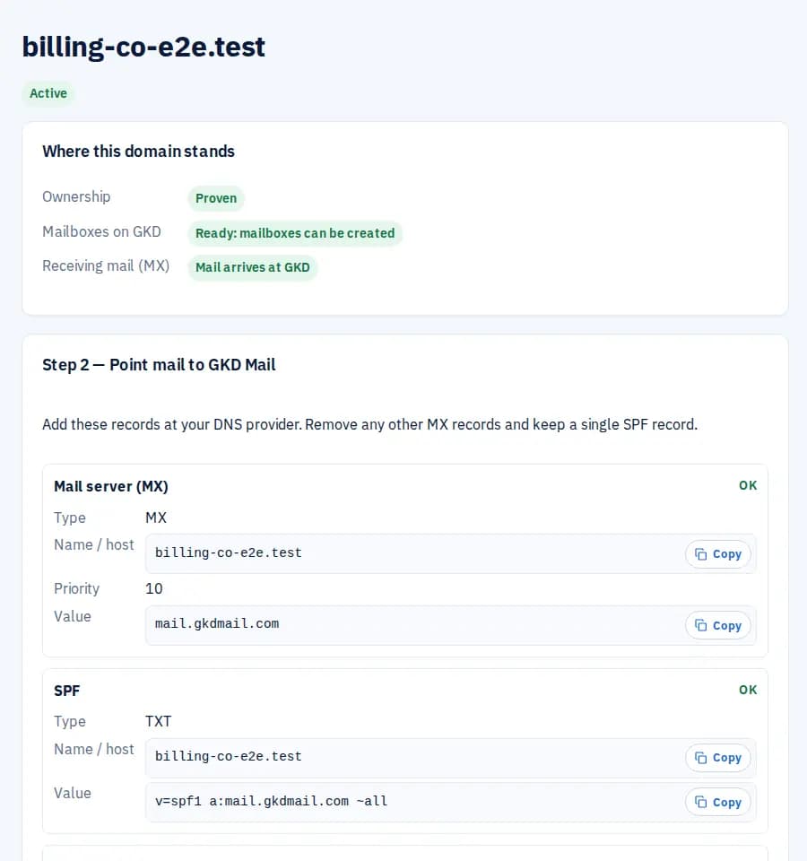 Domain page: status of ownership, mailboxes and receiving mail, then the MX and SPF records with copy buttons.