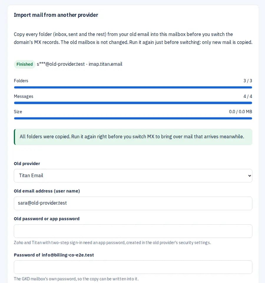 Import panel: a finished import from an old provider with folder, message and size progress.