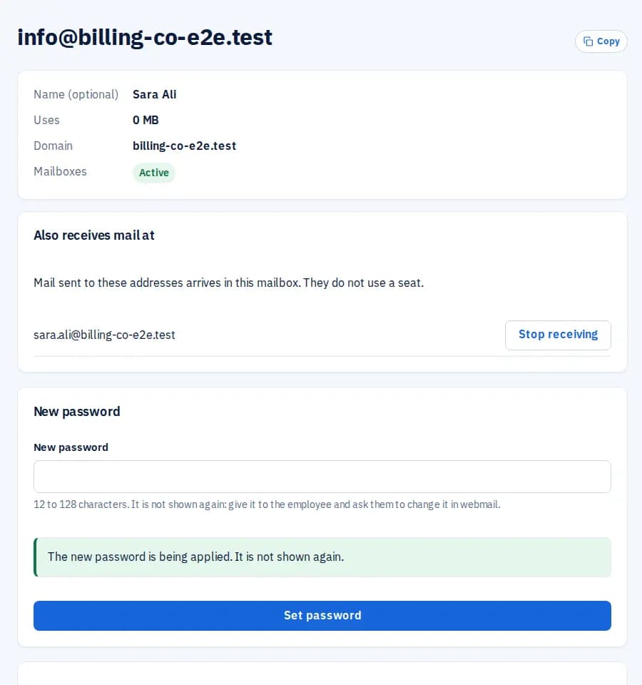 Mailbox page: address, usage, an extra address it still receives, and the new password form.