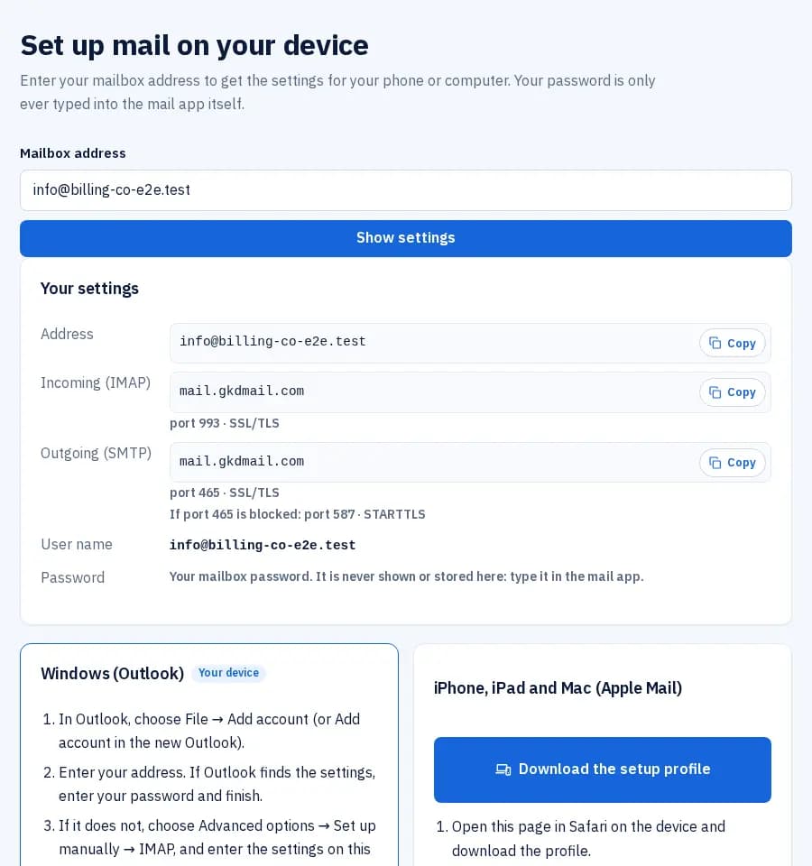 Mail setup page: the IMAP and SMTP settings for a mailbox and setup steps for Outlook and Apple devices.